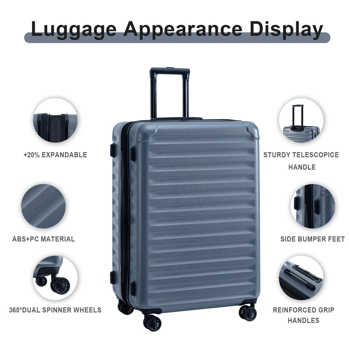 Luggage Sets New Model Expandable ABS+PC 3 Piece Sets with Spinner Wheels Lightweight TSA Lock (20/24/28), STEEL GRAY