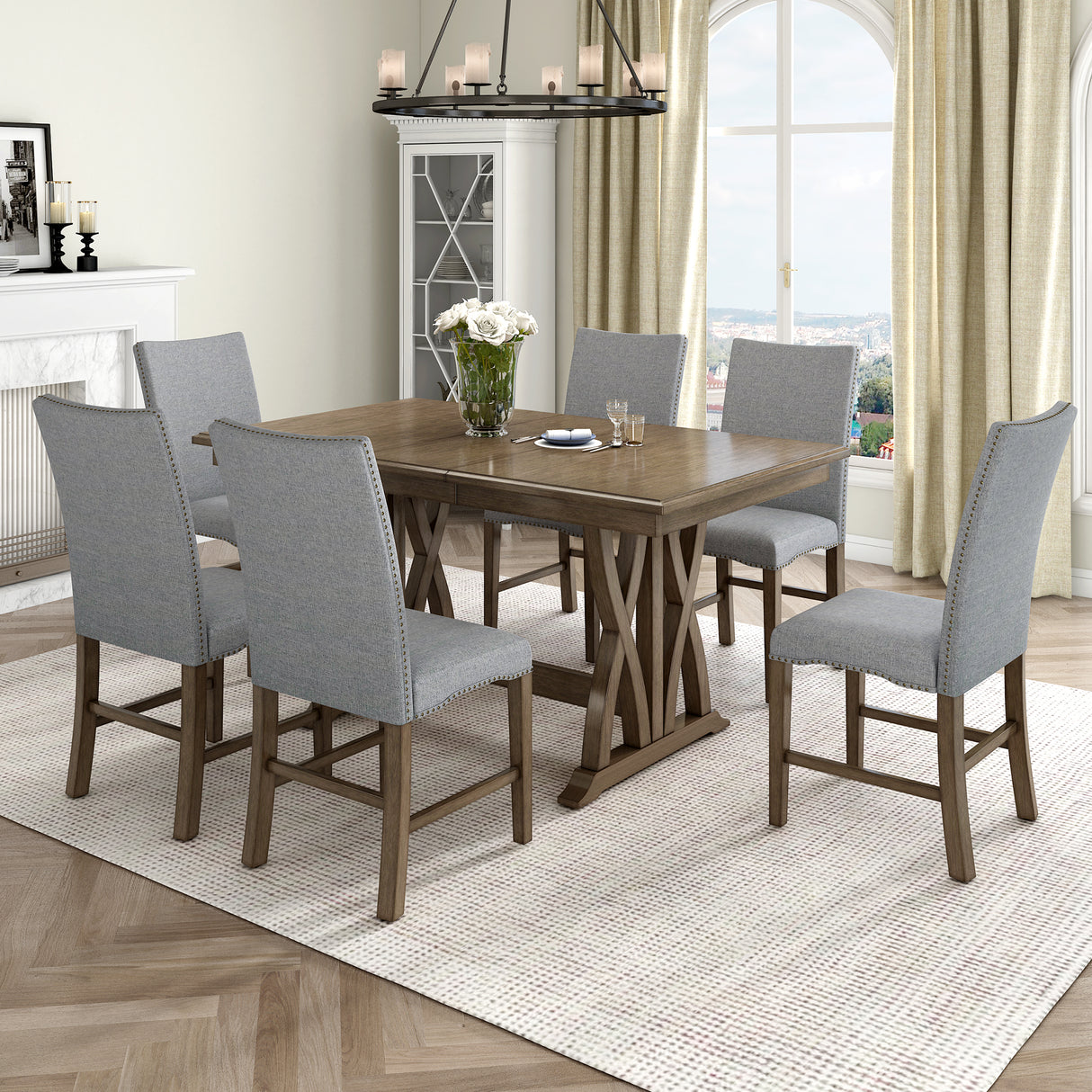 TOPMAX Mid Century Solid Wood 7-Piece Expandable Dining Table Set with Soft Cushioned Chair, Gold Brown+Gray Cushions