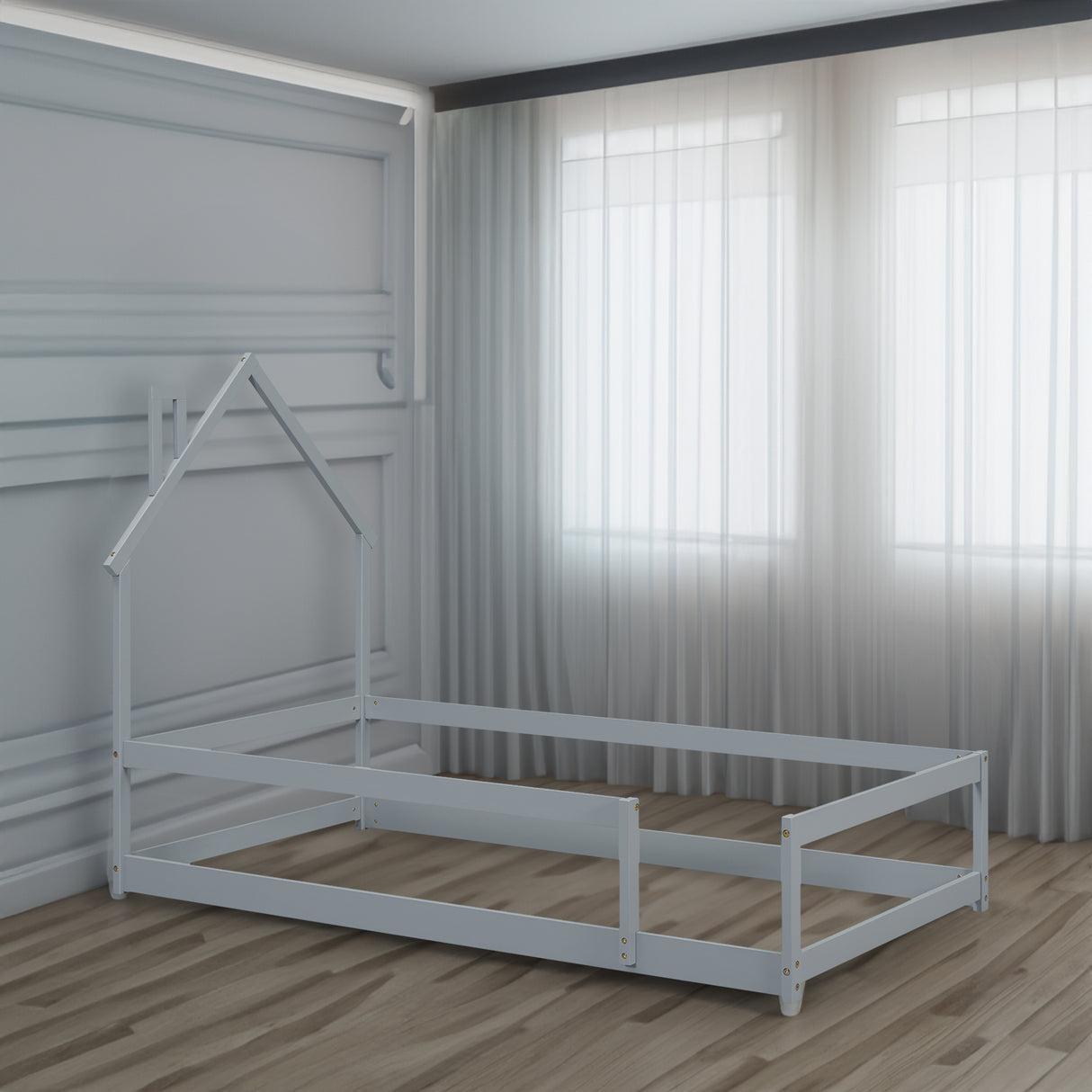 Twin Size Wood bed with House-shaped Headboard Floor bed with Fences,Grey - V.I.P Digital Presence
