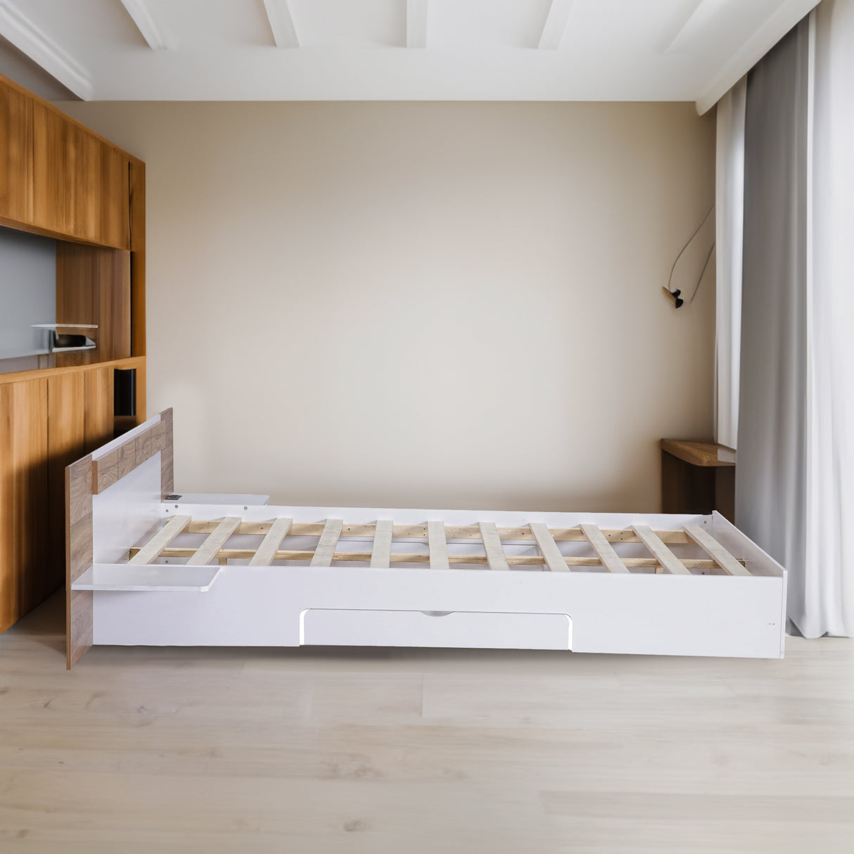 Queen Size Platform Bed with Headboard, Drawers, Shelves, USB Ports and Sockets White