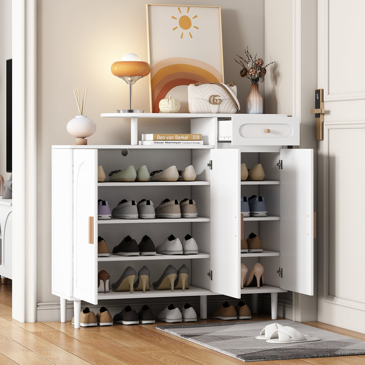 ON-TRANS Elegant Shoe Cabinet with Arched Doors and Drawers, Storage Side Panels, Adjustable Shelves and Solid Wood Legs, White - V.I.P Digital Presence