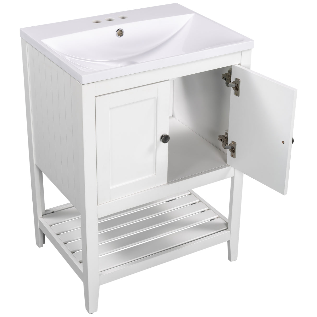 24" White Modern Sleek Bathroom Vanity Elegant Ceramic Sink with Solid Wood Frame Open Style Shelf - V.I.P Digital Presence