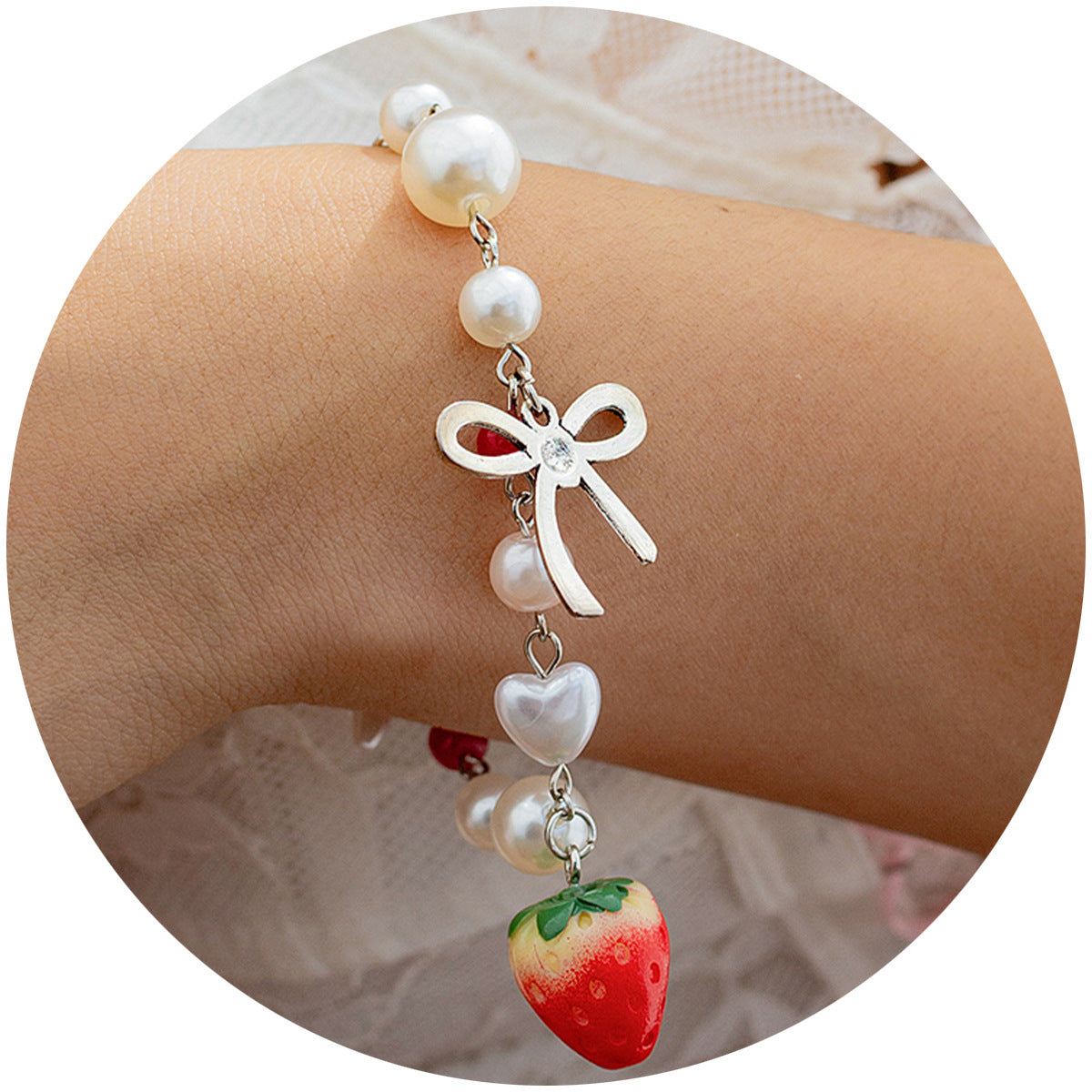 Sweet strawberry bow bracelet Bracelet temperament versatile imitation pearl vacation jewelry - V.I.P Digital Presence