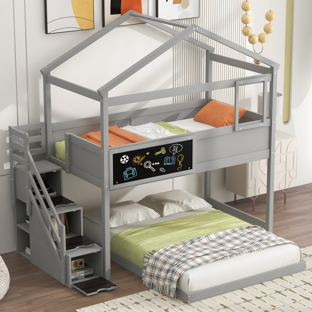 Twin over Full House Bunk Bed with Storage Staircase and Blackboard Gray