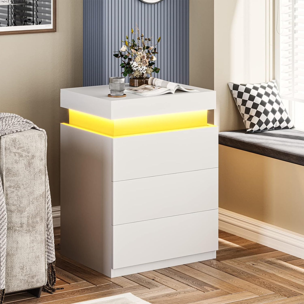 LED White Nightstand With 3 Drawers, Modern Multi-Colour LED Night Table Bedside Tables for Bedroom, Living Room - V.I.P Digital Presence