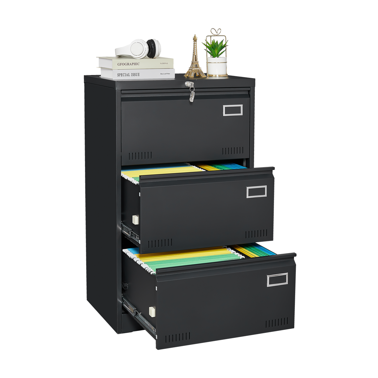 Filing Cabinet Lateral File Cabinet 3 Drawer Blcak Locking Metal File Cabinets Three Drawer - V.I.P Digital Presence