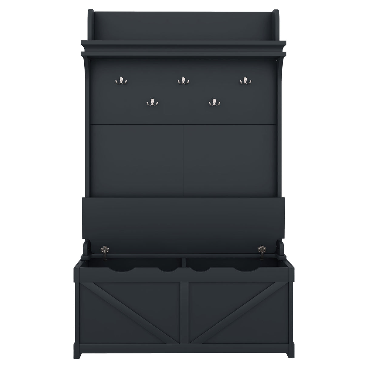 Hall tree with storage desk, entrance desk with drawers and 5 hooks, display rack, dark blue - V.I.P Digital Presence