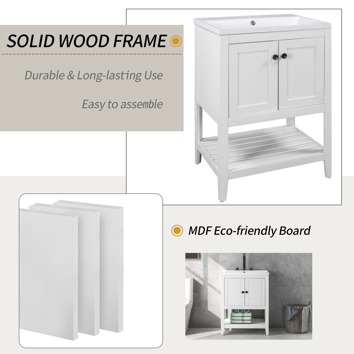 24" Bathroom Vanity Base Only, Soild Wood Frame, Bathroom Storage Cabinet with Doors and Open Shelf, White - V.I.P Digital Presence