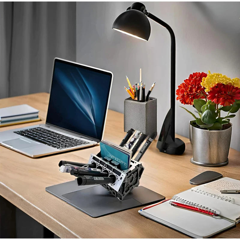 Engine Block Desk Organizer: Modern art for desktop/bookshelf. Holds business cards, a creative office accessory. - V.I.P Digital Presence