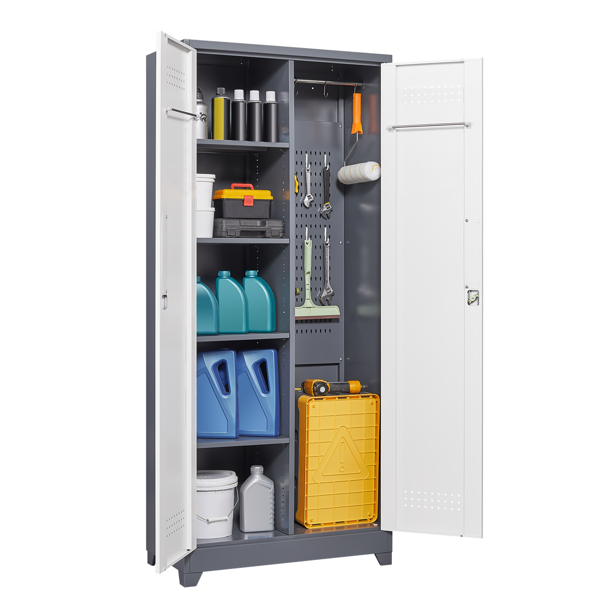 Metal storage cabinets, lockable cleaning tool cabinets, high broom tool organizers, and large storage cabinets in storage store - V.I.P Digital Presence