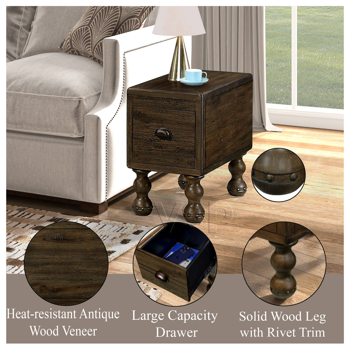 Solid wood end table, rectangular 23.6 inch narrow edge table with drawers, vintage bedside table, Espresso - V.I.P Digital Presence