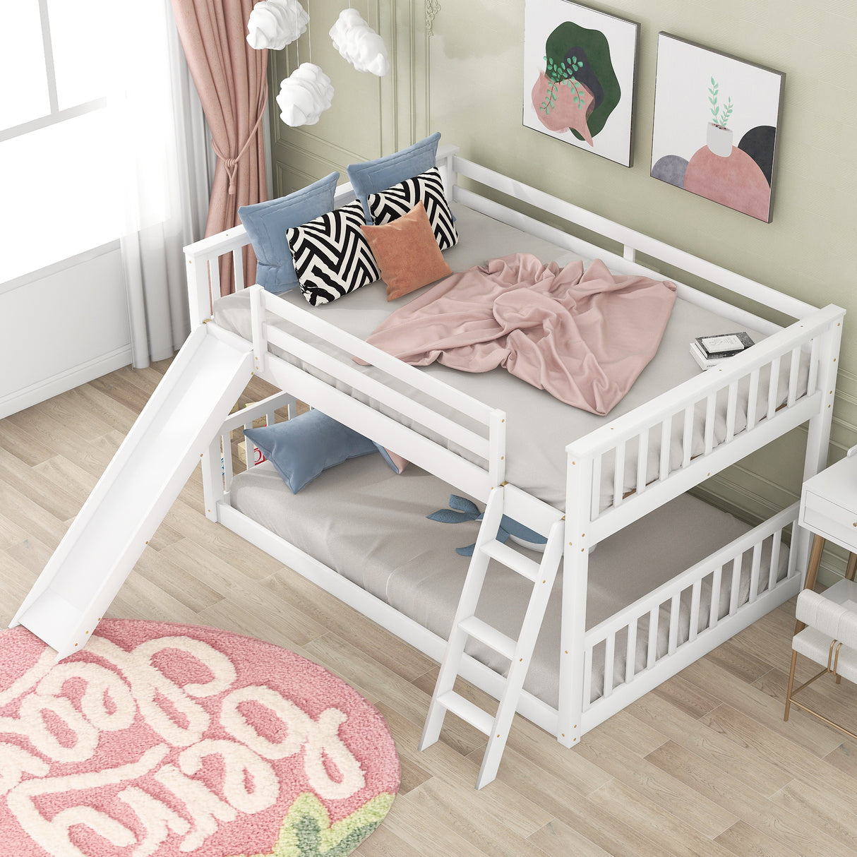 Full over Full Bunk Bed with Convertible Slide and Ladder White