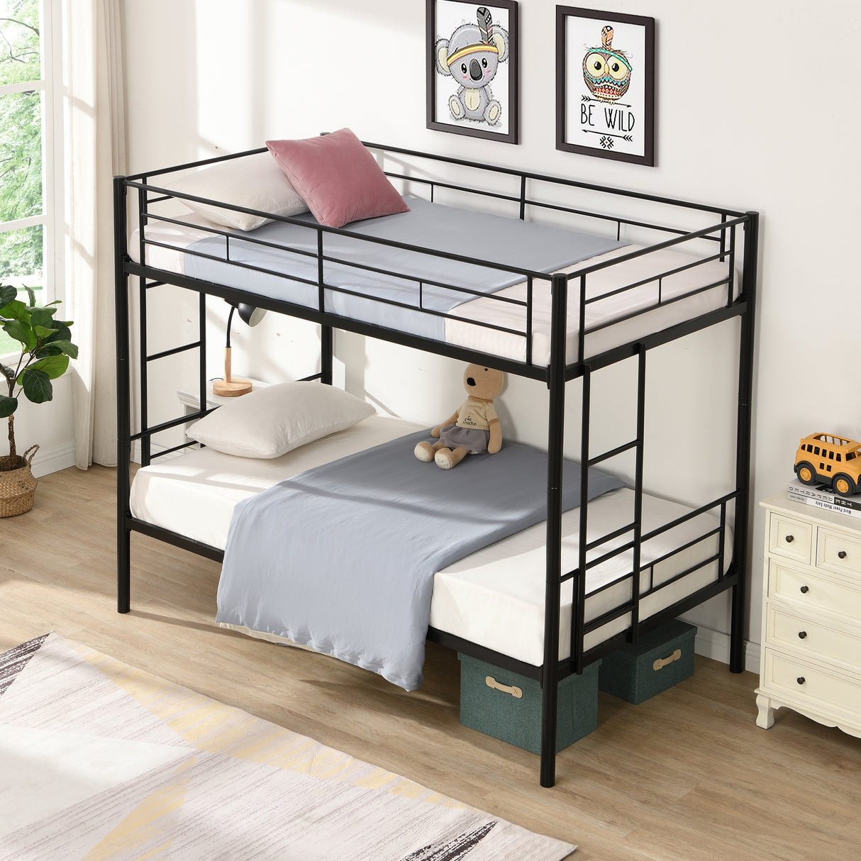 Double decker bed, size above twin bed, with 2 ladders and full-length guardrail, metal, storage space, black - V.I.P Digital Presence