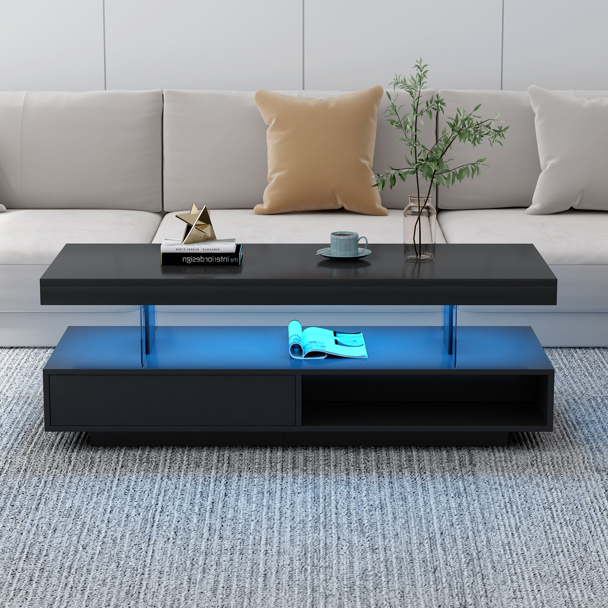 U-Can LED coffee table with storage space, modern central table with 2 drawers and display rack, equipped with LED lights, black - V.I.P Digital Presence