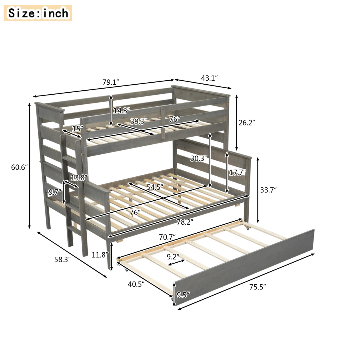 Wood Twin over Full Bunk Bed with Twin Size Trundle Gray
