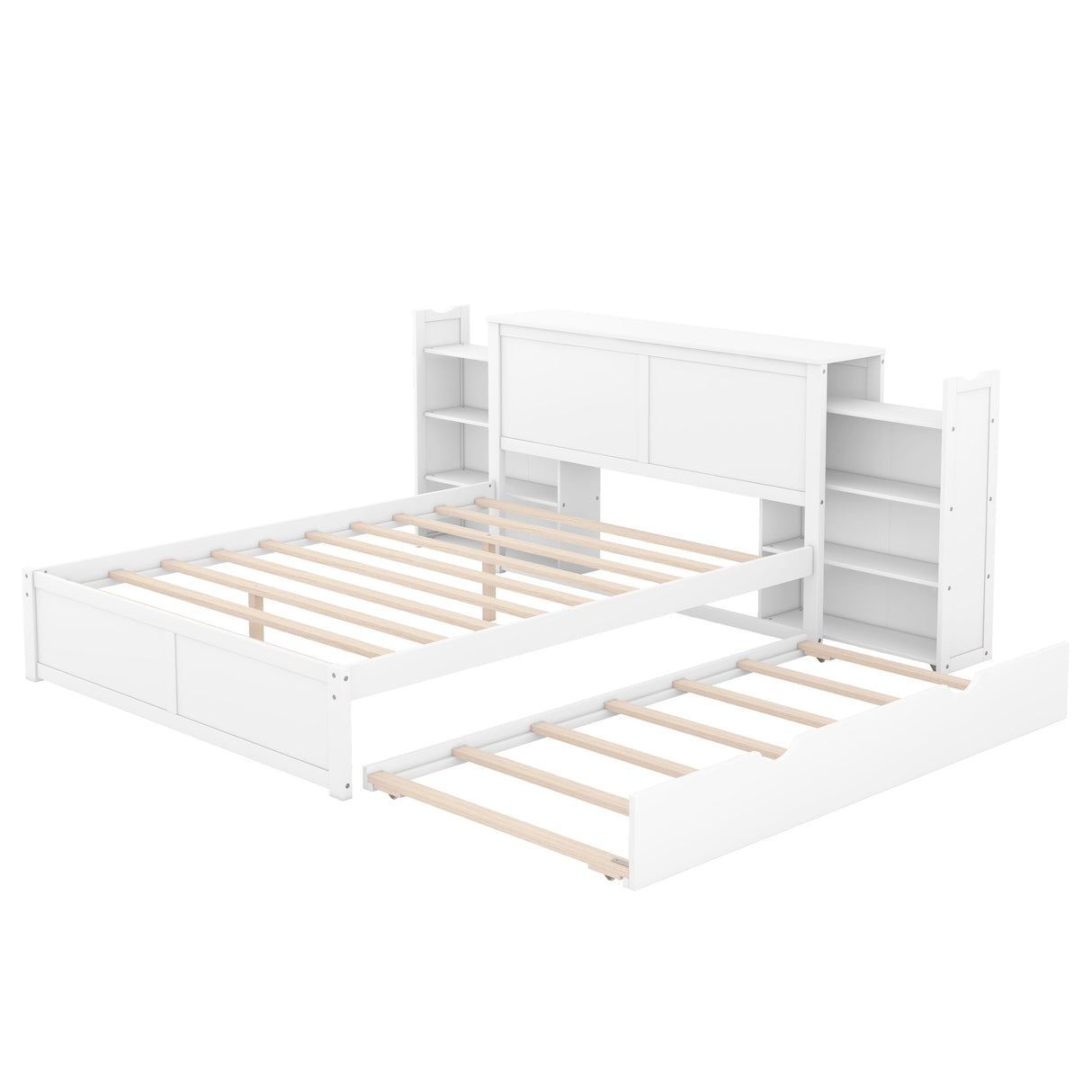 Queen Size Storage Platform Bed with Pull Out Shelves and Twin XL Size Trundle White