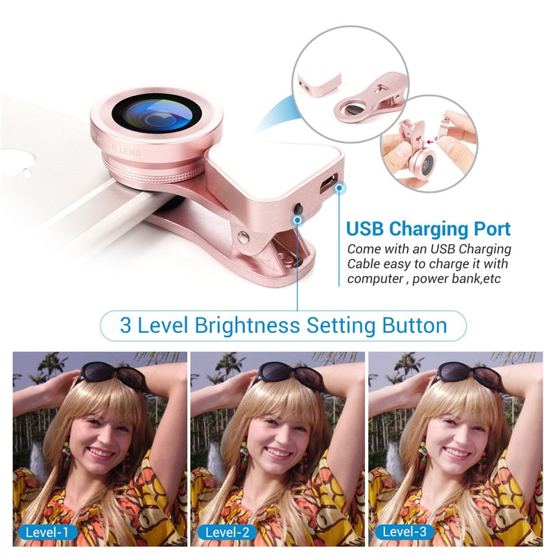 3 in 1 Phone Lens, LED Flish Light Lens For iphone SE X 8 7 6 6S Fish Eye Lens 0.4-0.6X Wide Angle+10X Macro Clip-on Lens - V.I.P Digital Presence