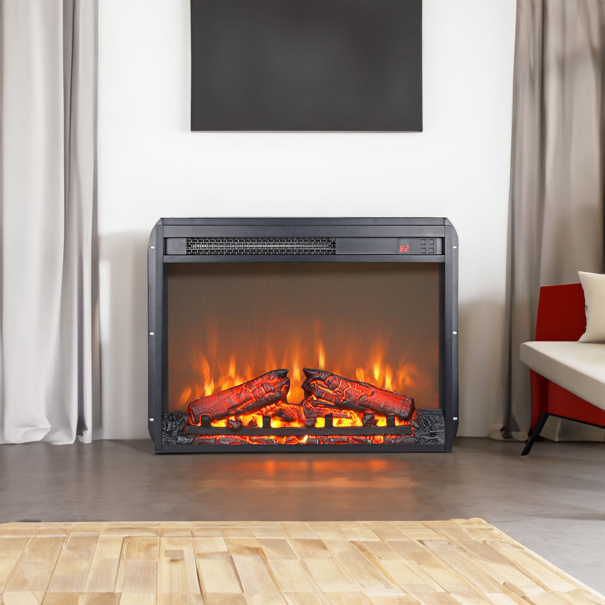 23 inch electric fireplace insert ultra thin heater with log set & realistic flame remote control - V.I.P Digital Presence