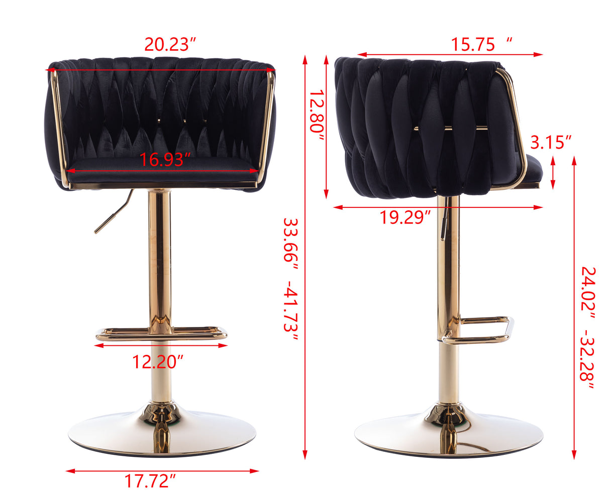 Set of 2 Bar Stools with Chrome Footrest and Base Swivel Height Velvet + Golden Leg Simple Bar Stool-Black