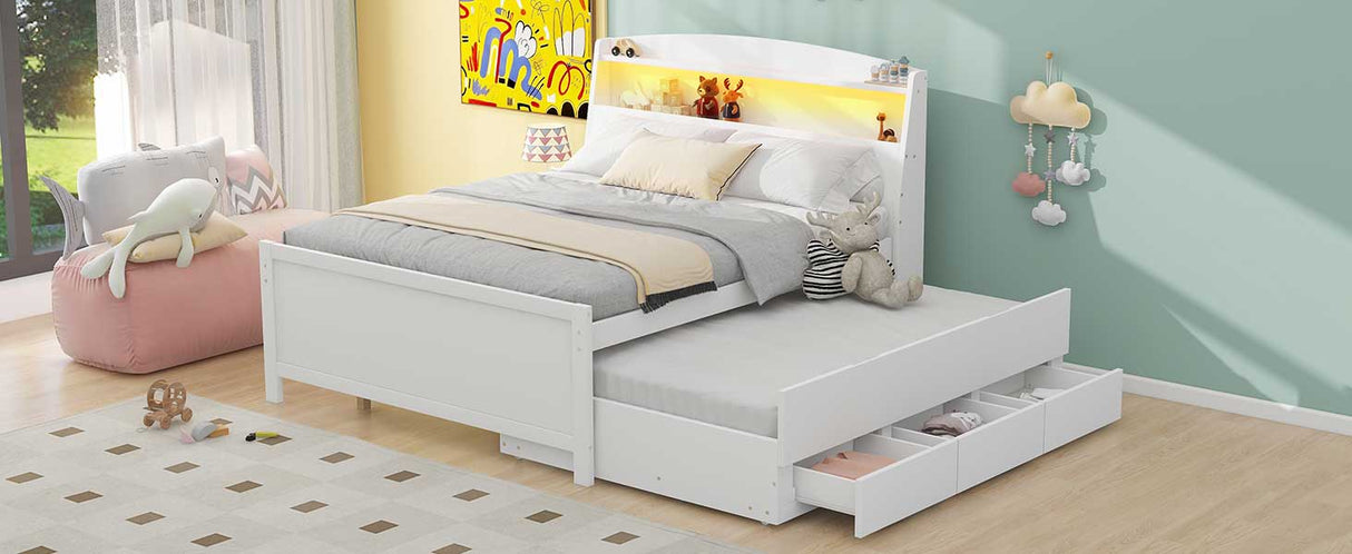Full Size Platform Bed with Storage LED Headboard Twin Size Trundle and 3 Drawers White