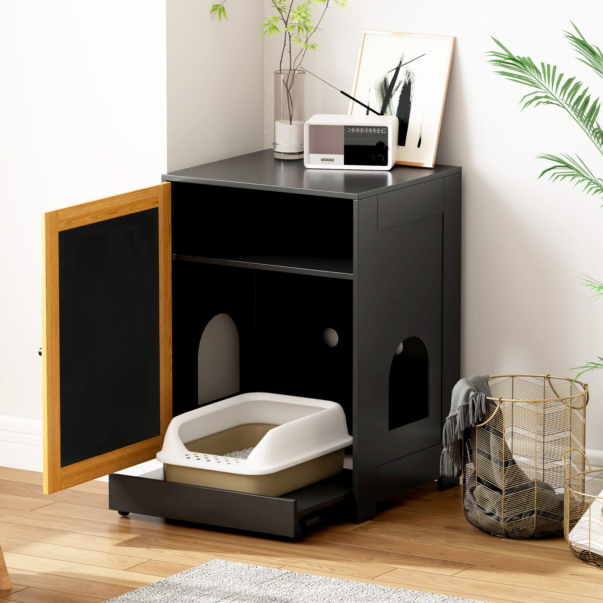 Cat Litter Box Enclosure, Hidden Cat Washroom, Kitty End Table, Litter cabinet with sisal door,Black - V.I.P Digital Presence
