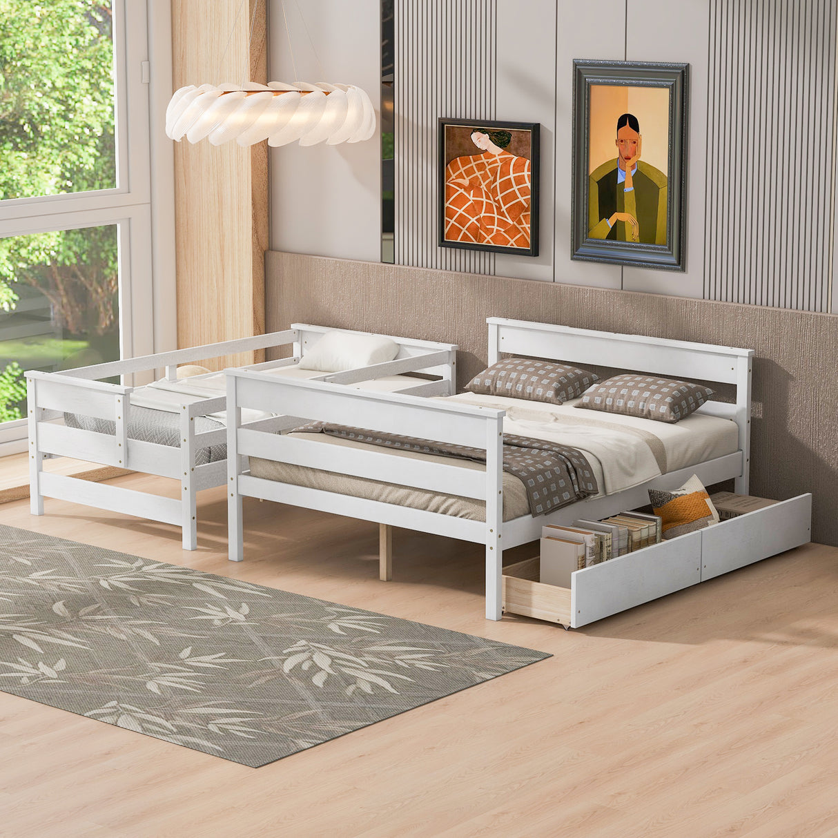 Wood Twin over Full Bunk Bed with 2 Drawers White