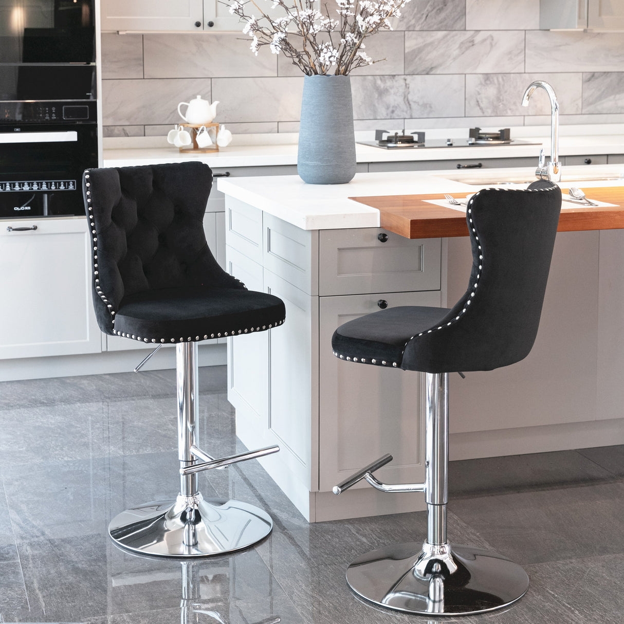 25-33 Inch, Modern Upholstered Chrome base Bar Stools with Back Comfortable Tufted for Home Pub and Kitchen Island(Black,Set of