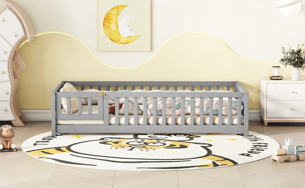 Twin Size Bed Floor Bed with Safety Guardrails and Door for Kids, Gray - V.I.P Digital Presence