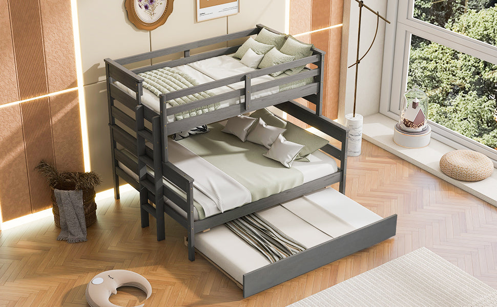Wood Twin over Full Bunk Bed with Twin Size Trundle Gray