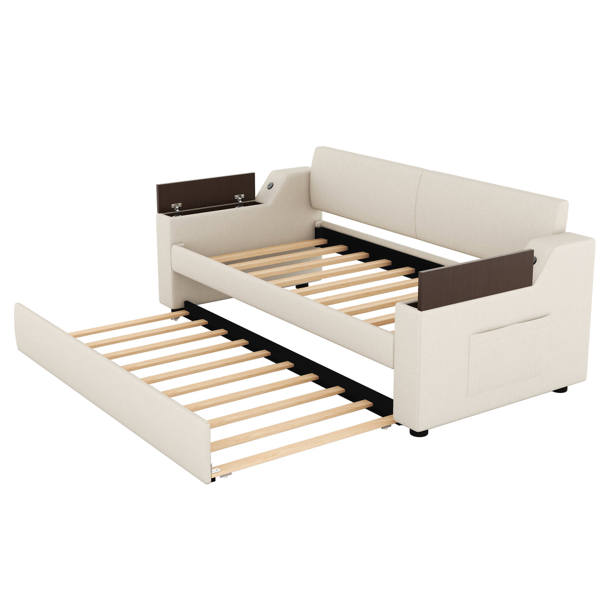 Twin Size Upholstery Daybed with Storage Arms Trundle and USB Design Beige