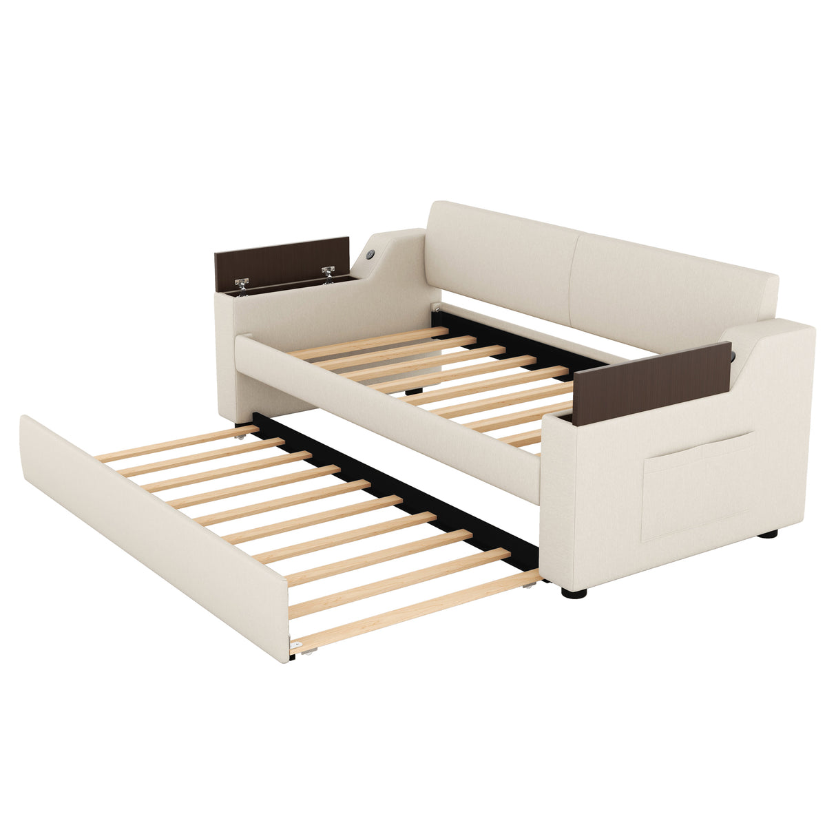 Twin Size Upholstery Daybed with Storage Arms Trundle and USB Design Beige