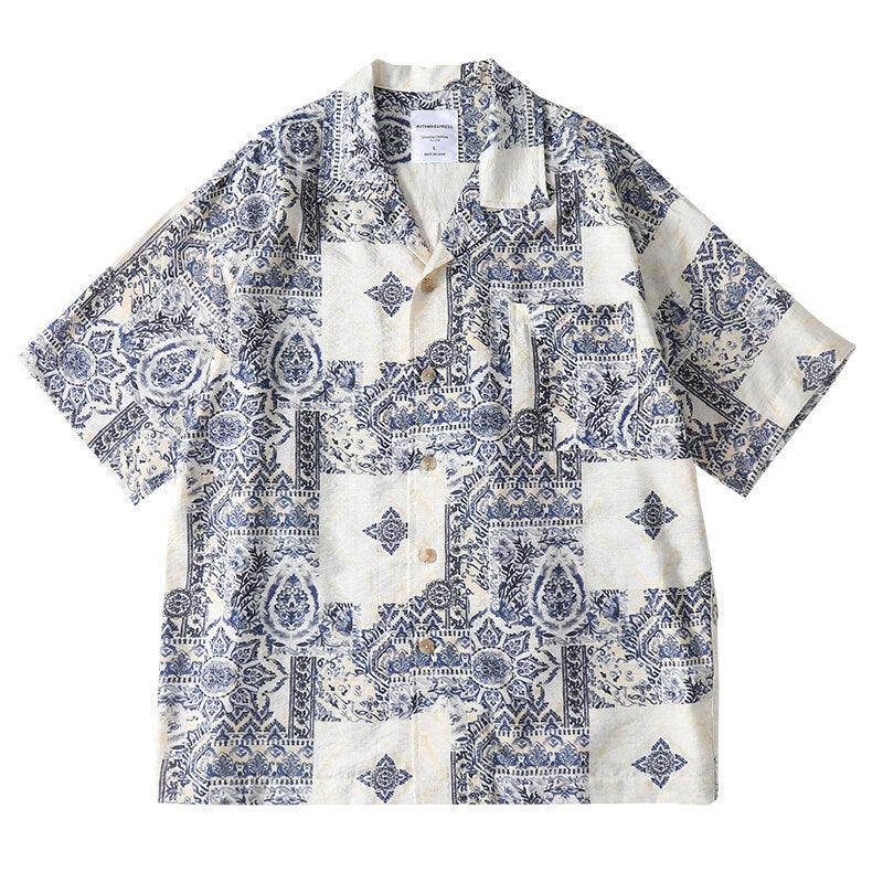 Cool bamboo knot imitation linen weave Cuban collar short sleeved shirt - V.I.P Digital Presence