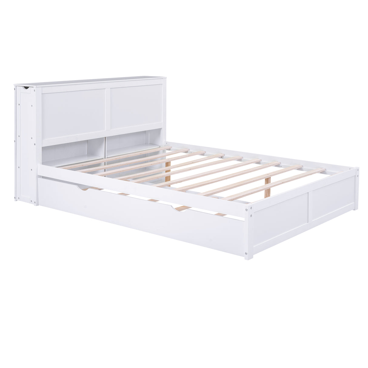 Queen Size Storage Platform Bed with Pull Out Shelves and Twin XL Size Trundle White