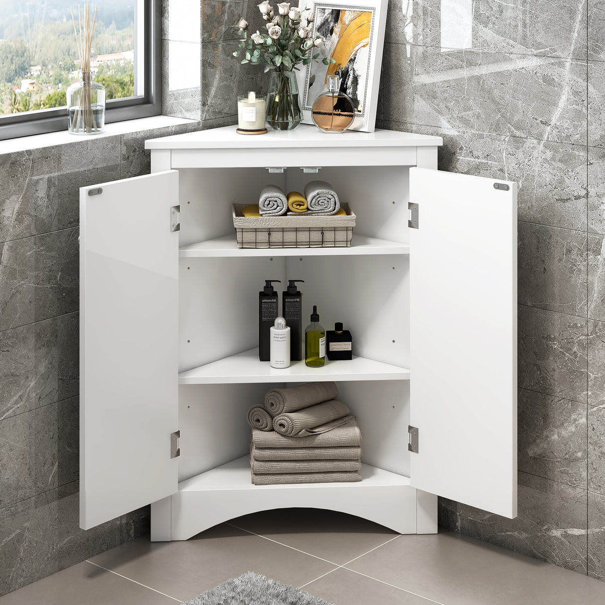 White Triangle Bathroom Storage Cabinet with Adjustable Shelves, Freestanding Floor Cabinet for Home Kitchen - V.I.P Digital Presence