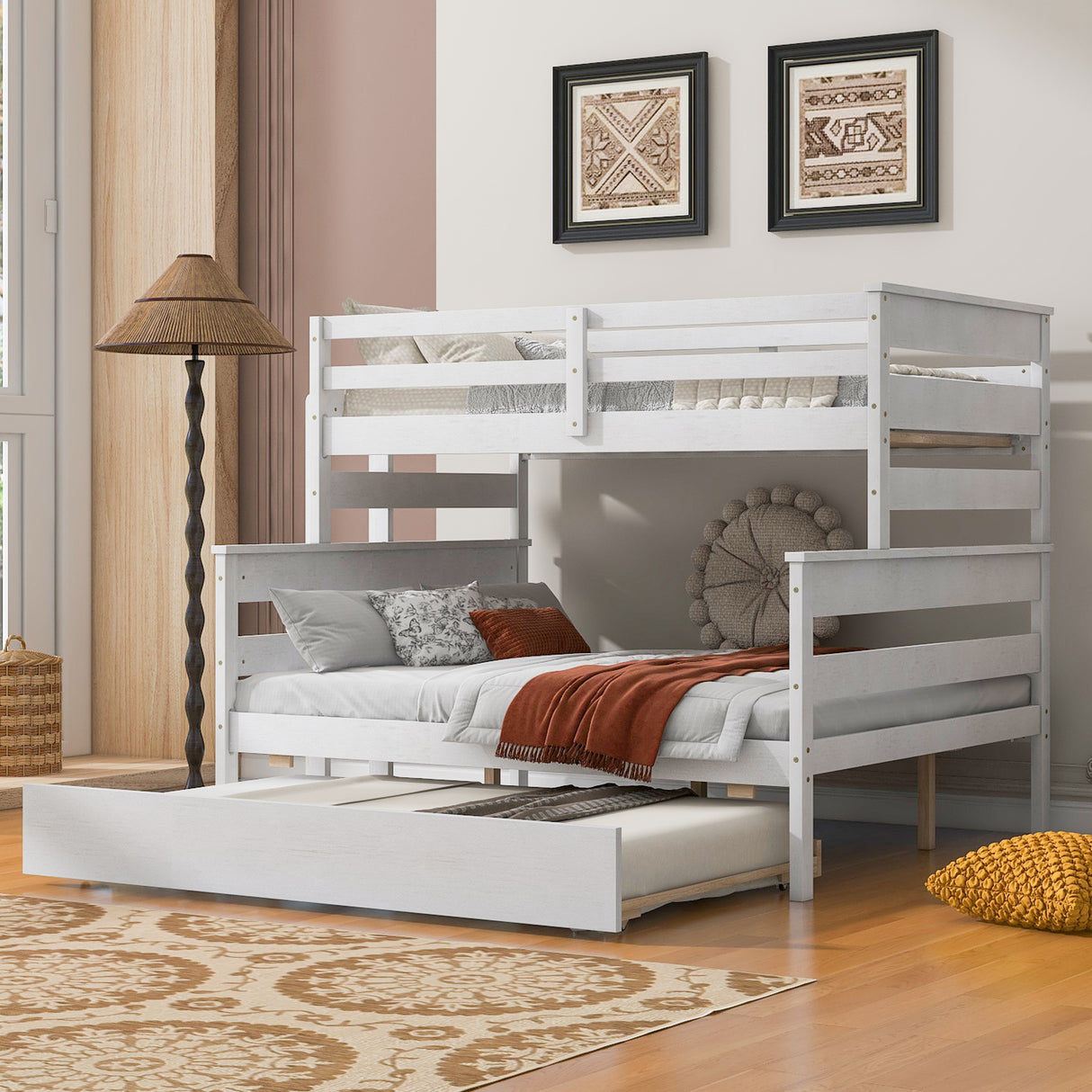 Wood Twin over Full Bunk Bed with Twin Size Trundle White