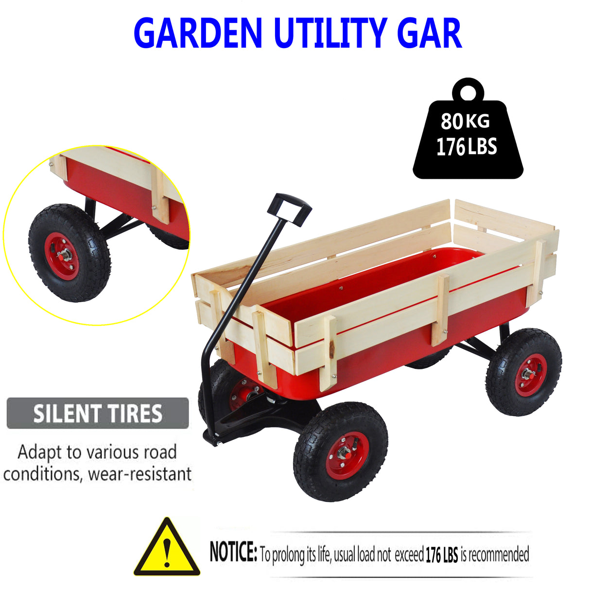 Outdoor Wagon All Terrain Pulling w/Wood Railing Air Tires Children Kid Garden(Red)