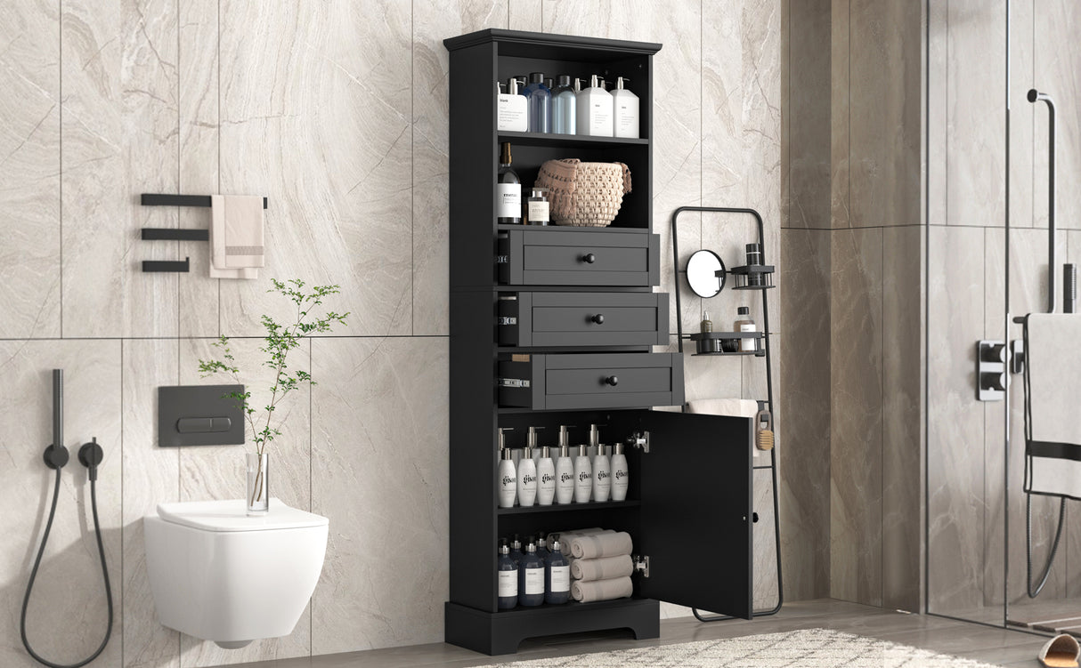 Black high storage cabinet with 3 drawers and adjustable shelves, MDF board painted - V.I.P Digital Presence