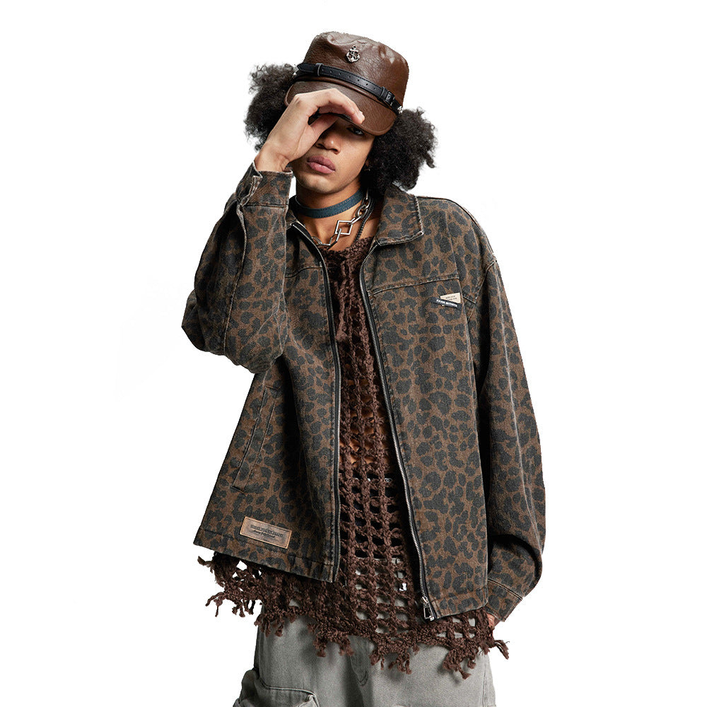 Leopard Print Denim Jacket Style Men's Punk Spring and Autumn Loose Casual Washed Open Front Zipper Collar Outerwear - V.I.P Digital Presence