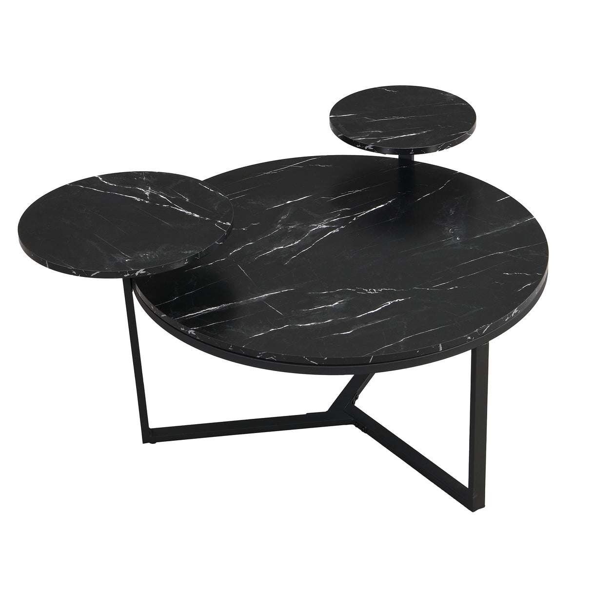 Modern coffee table with two display shelves, Black Faux marble surfaces, Tripod-inspired base,Rounded tabletop edges - V.I.P Digital Presence