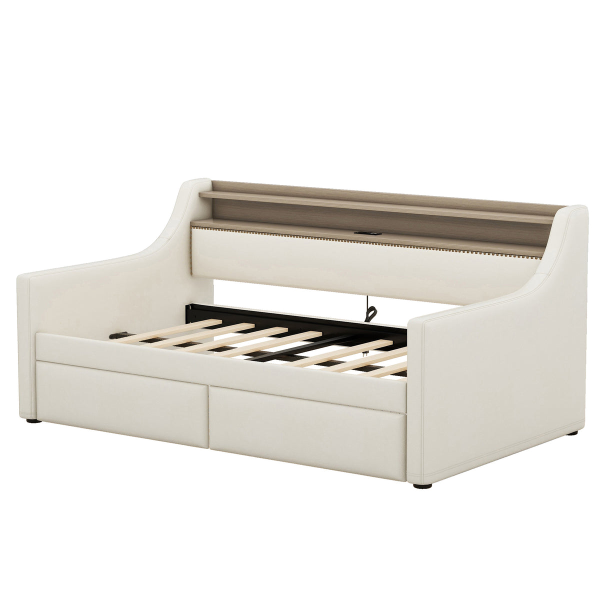 Twin Size Daybed with Storage Drawers, Upholstered Daybed with Charging Station and LED Lights, Beige - V.I.P Digital Presence