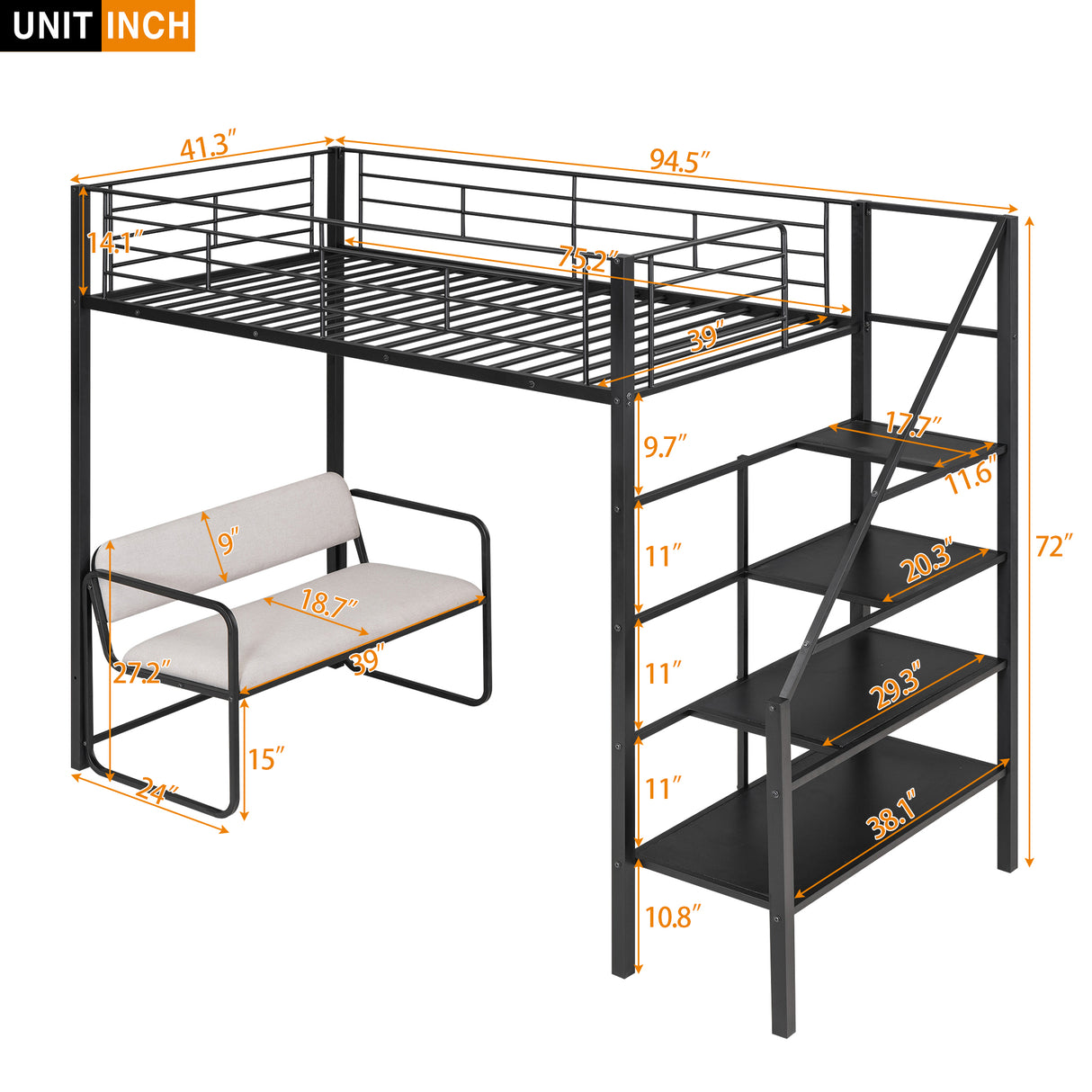 Twin Size Metal Loft Bed with Bench and Storage Staircase Black