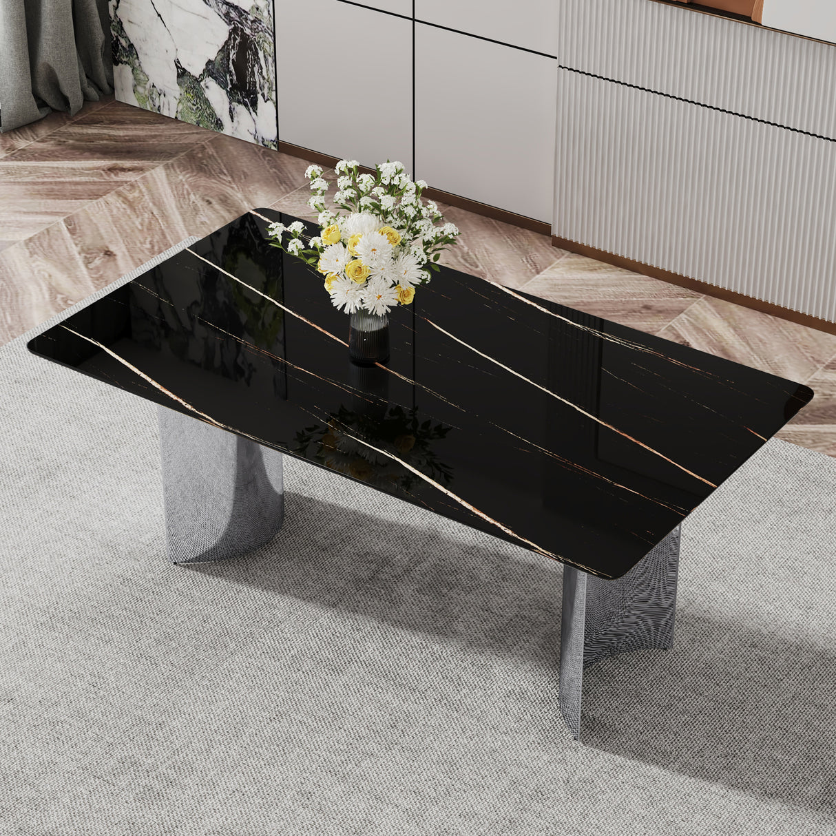 Modern minimalist dining table The black imitation marble glass desktop is equipped with silver metal legs - V.I.P Digital Presence