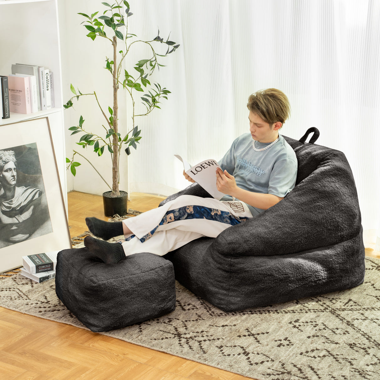 Beanbag chair with filler, beanbag sofa with tufted soft filler with memory foam, black - V.I.P Digital Presence