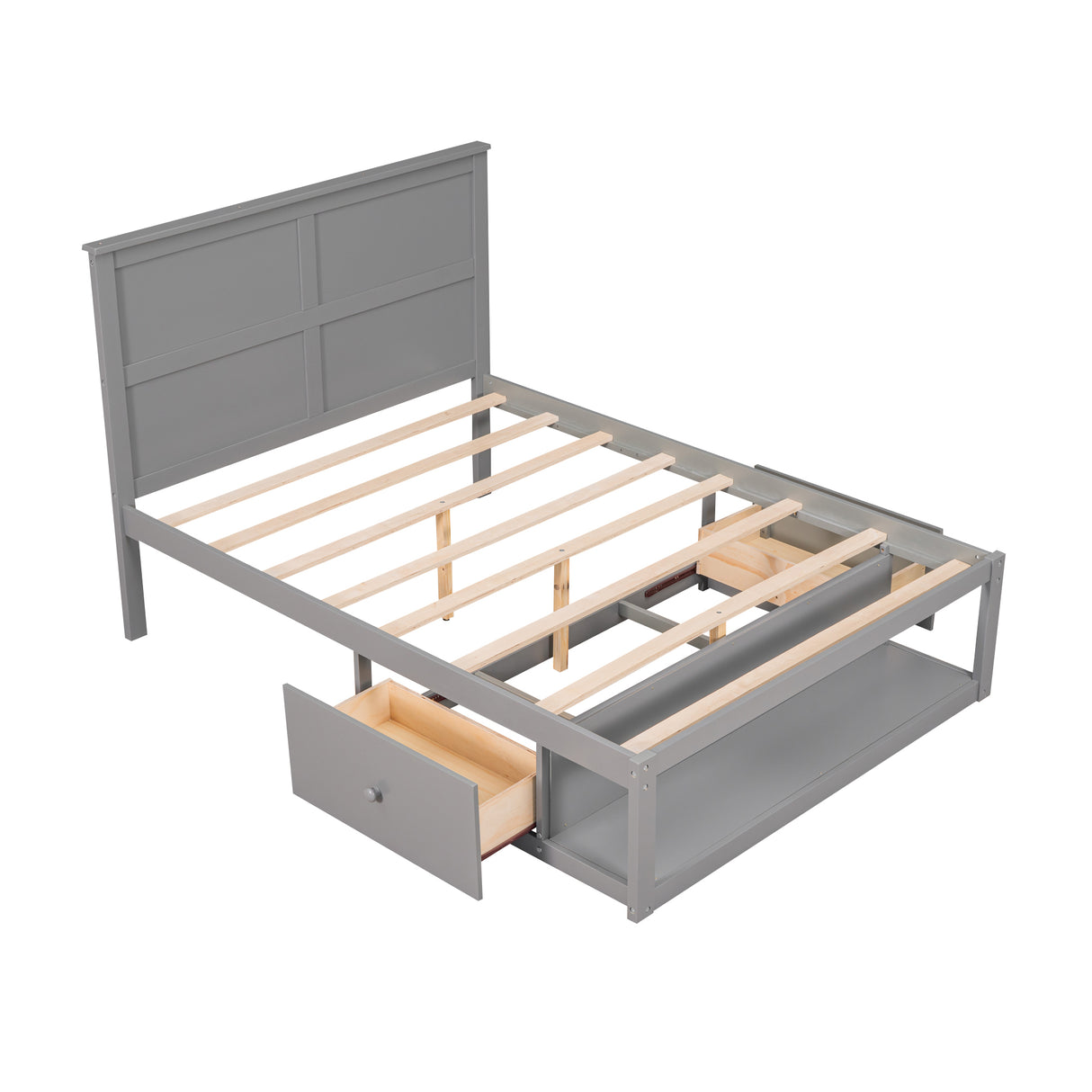 Full Size Platform Bed with Drawer on the Each Side and Shelf on the End of the Bed Gray