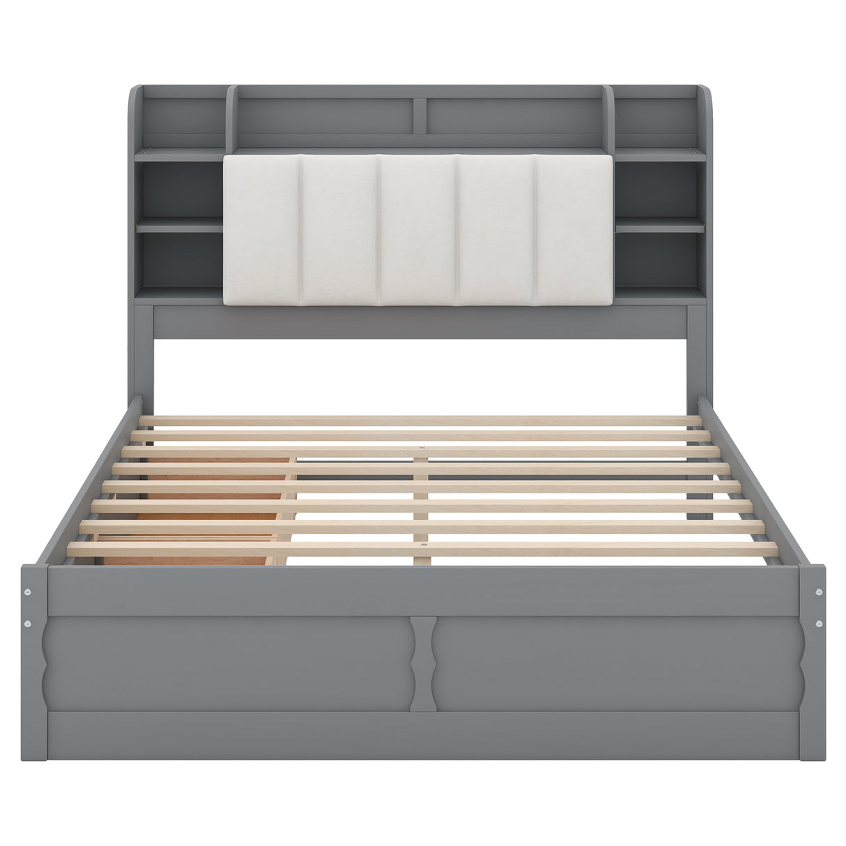 Wood Queen Size Platform Bed with Storage Headboard Shelves and 2 Drawers Gray