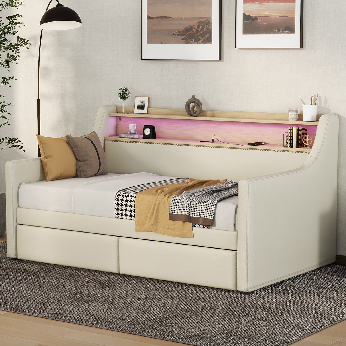 Twin Size Daybed with Storage Drawers, Upholstered Daybed with Charging Station and LED Lights, Beige - V.I.P Digital Presence