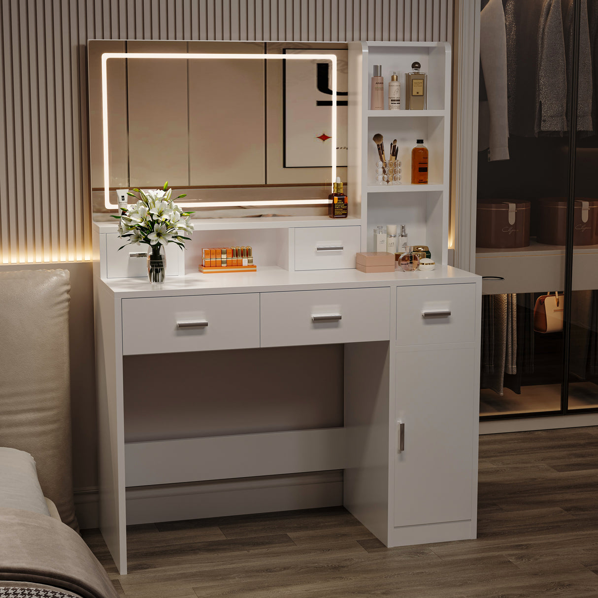 Smart mirror dressing table with drawers and storage cabinets, dressing table with bedroom dressing table, changing room