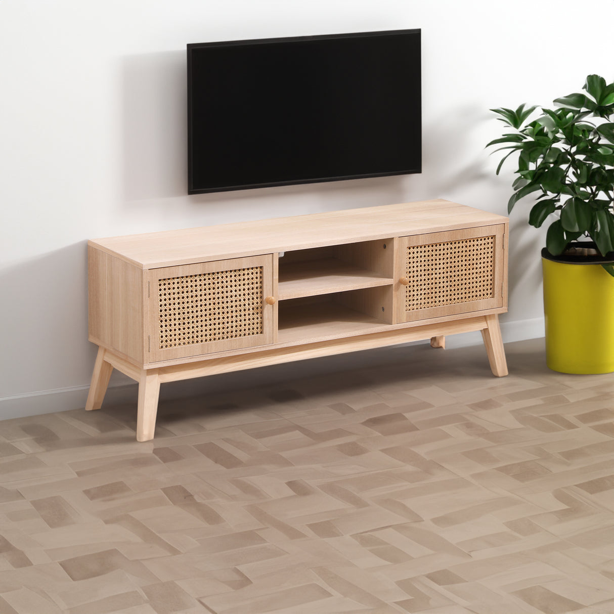 SUPERJARE Boho TV Stand for 55 Inch TV, Entertainment Center with Adjustable Shelf,Real Rattan TV Console with 2 Cabinets - V.I.P Digital Presence