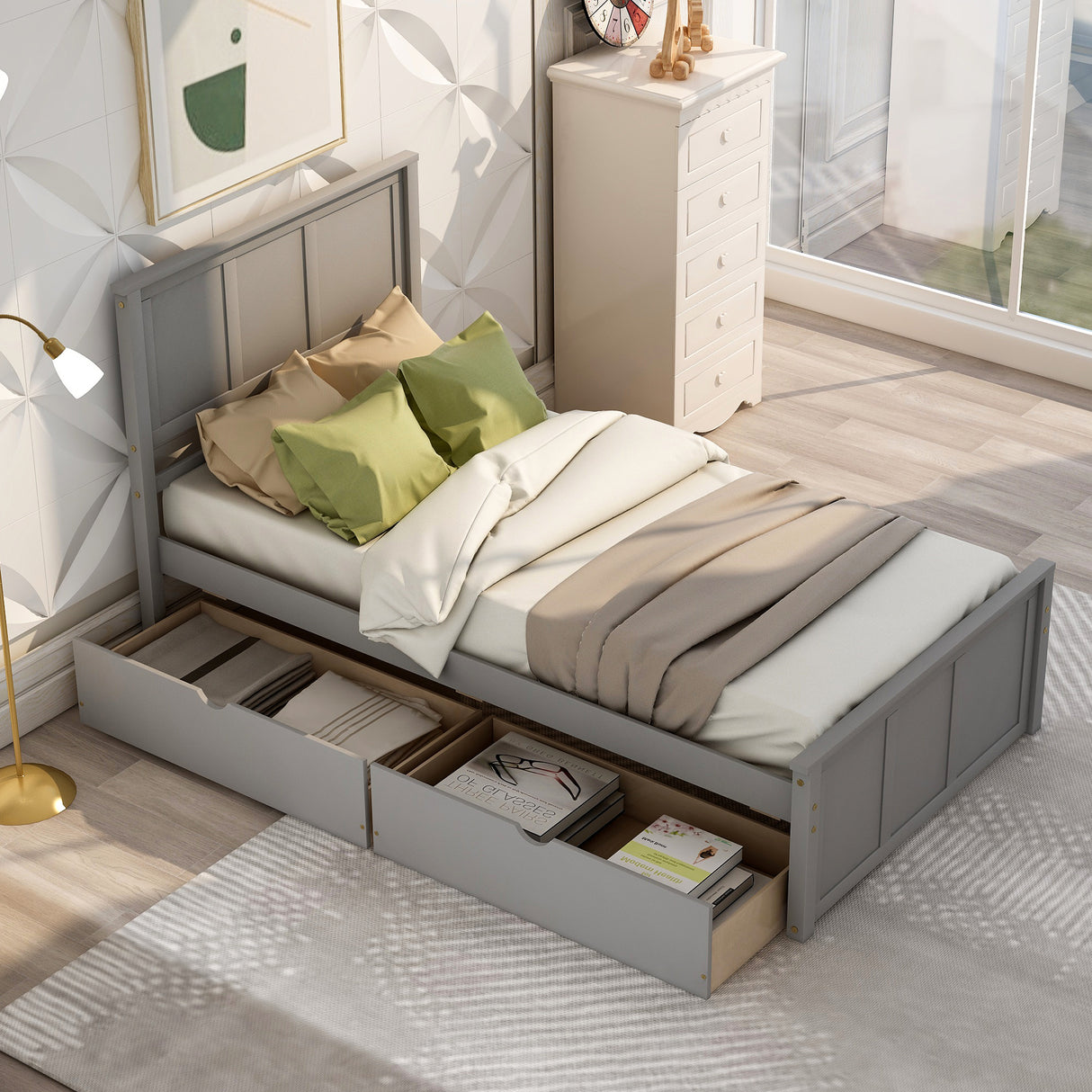 Platform Storage Bed 2 drawers with wheels, Twin Size Frame Gray