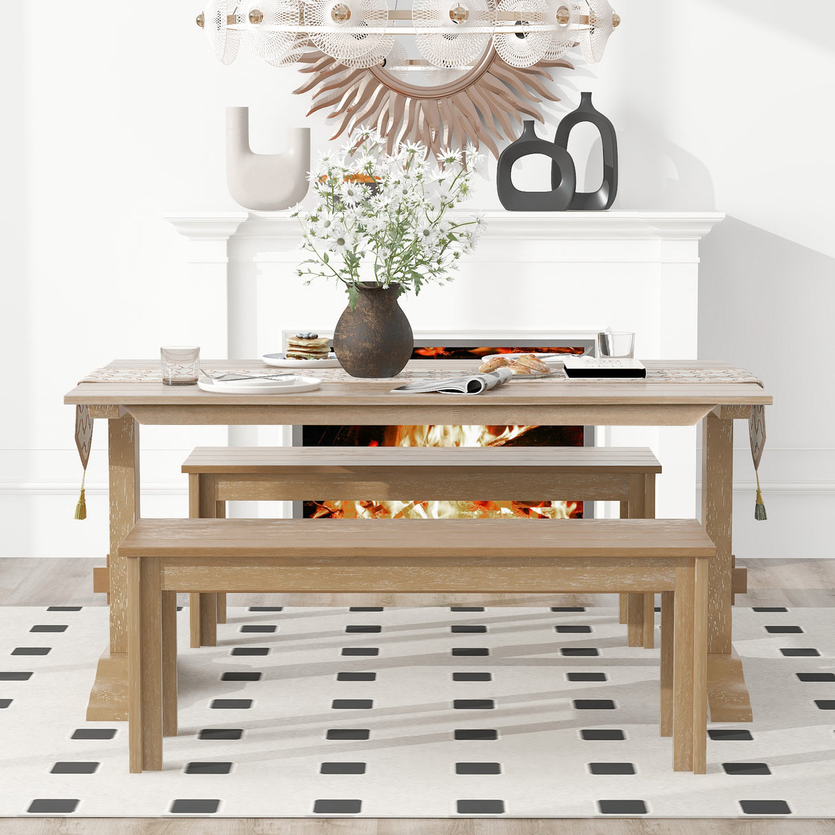 TREXM 3-piece retro dining table, rectangular stand table, and 2 4-person wooden stools (made of natural wood) - V.I.P Digital Presence